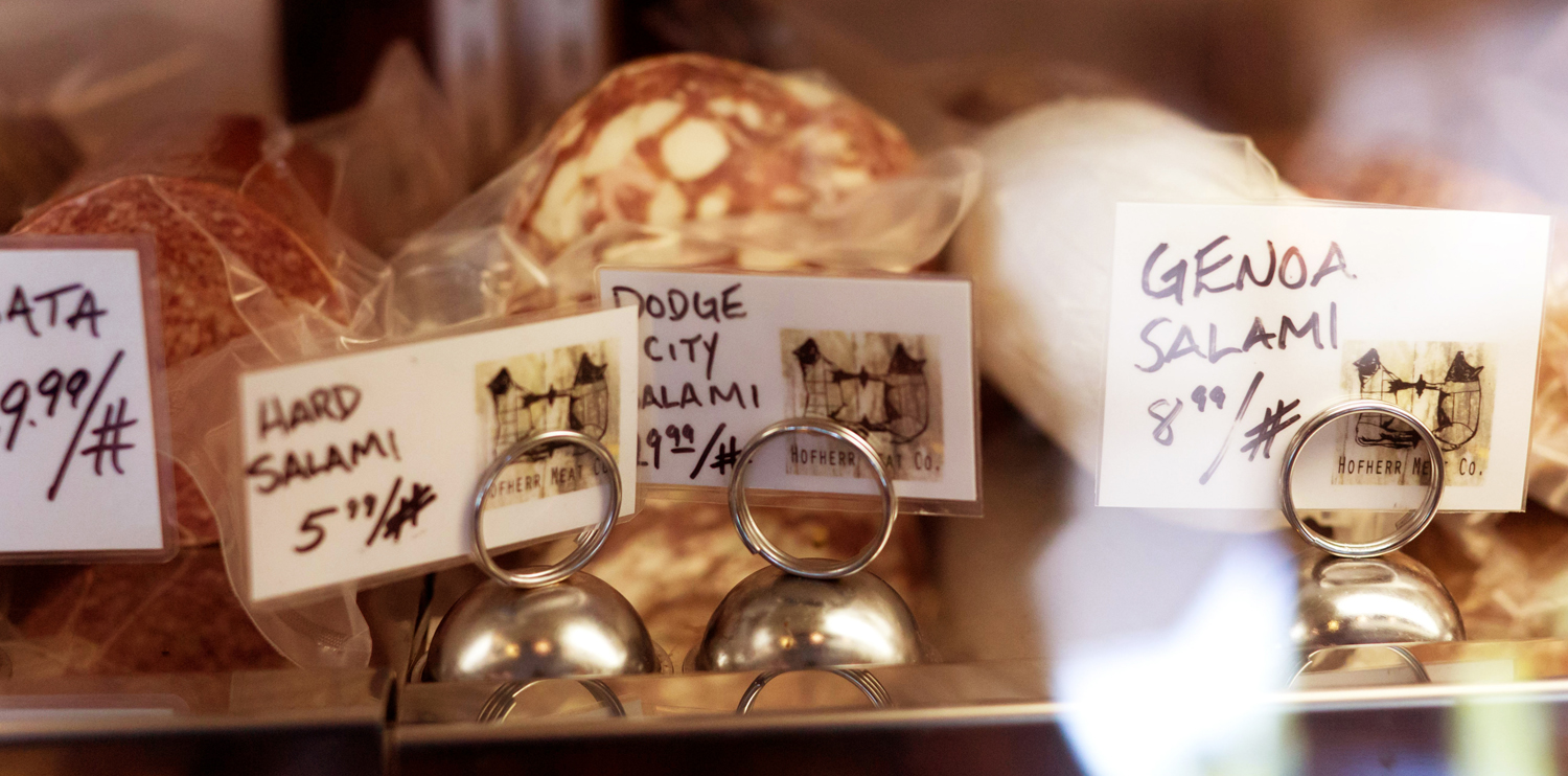 A close-up of selections in the charcuterie case